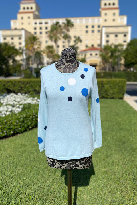 Aqua Sweater with Polka Dots available at Mildred Hoit in Palm Beach.