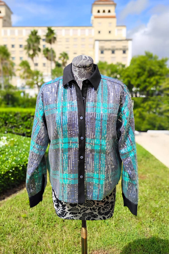 Marina Long Sleeve Sequin Plaid Shirt in Navy - Mildred Hoit