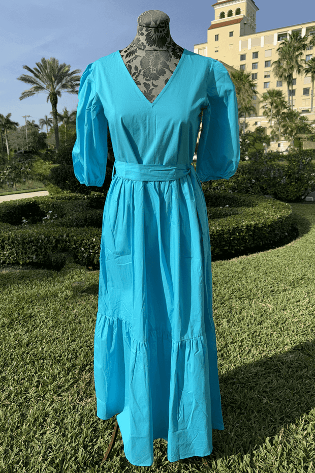 Maude Cotton Maxi Dress in Aqua available at Mildred Hoit in Palm Beach.