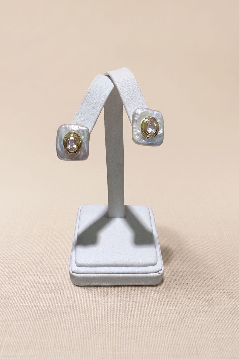 Square Coin Pearl Earrings with White Topaz - Mildred Hoit