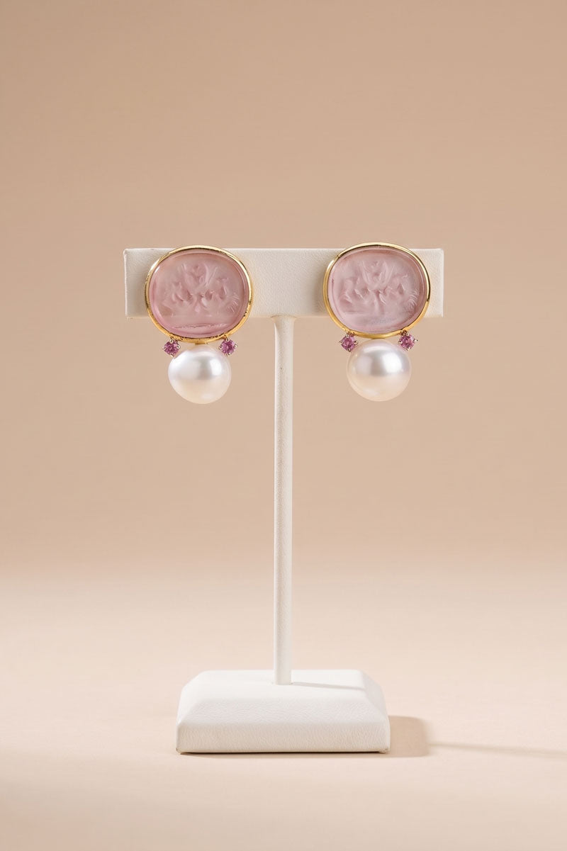 Italian Glass Earrings in Pale Pink with Sapphires and Freshwater Pearls - Mildred Hoit