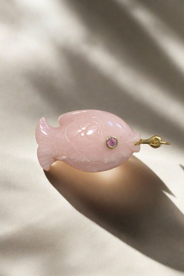 Carved Pink Opal Fish Pendant available at Mildred Hoit in Palm Beach.
