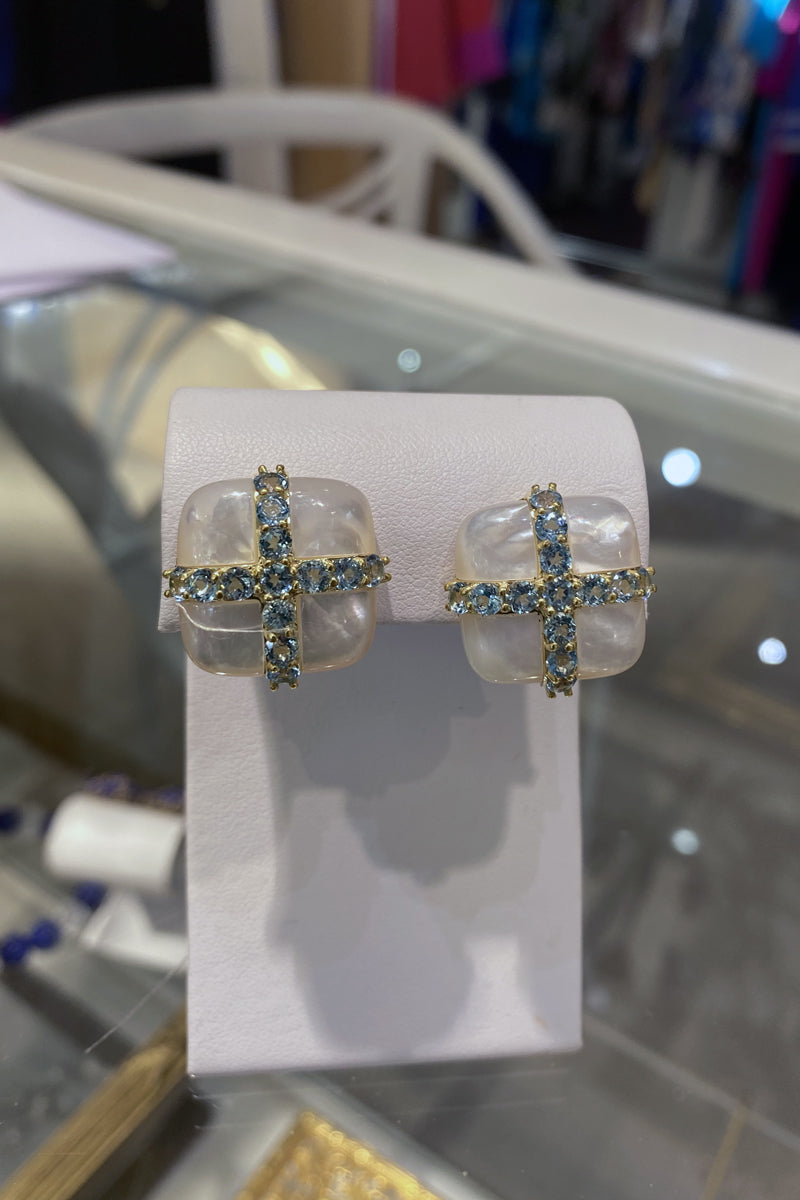 Mazza Mother of Pearl Earrings with Blue Topaz Detail - Mildred Hoit