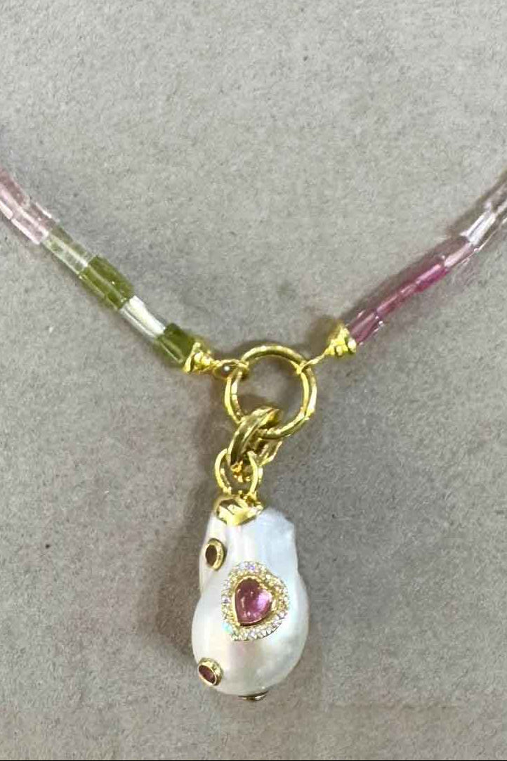 Baroque Pearl Pendant with Pink Tourmalines - Mildred Hoit