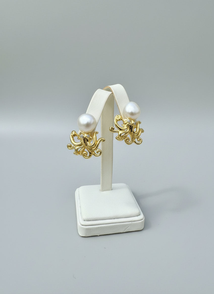 14K Octopus and Fresh Water Pearl Earrings - Mildred Hoit