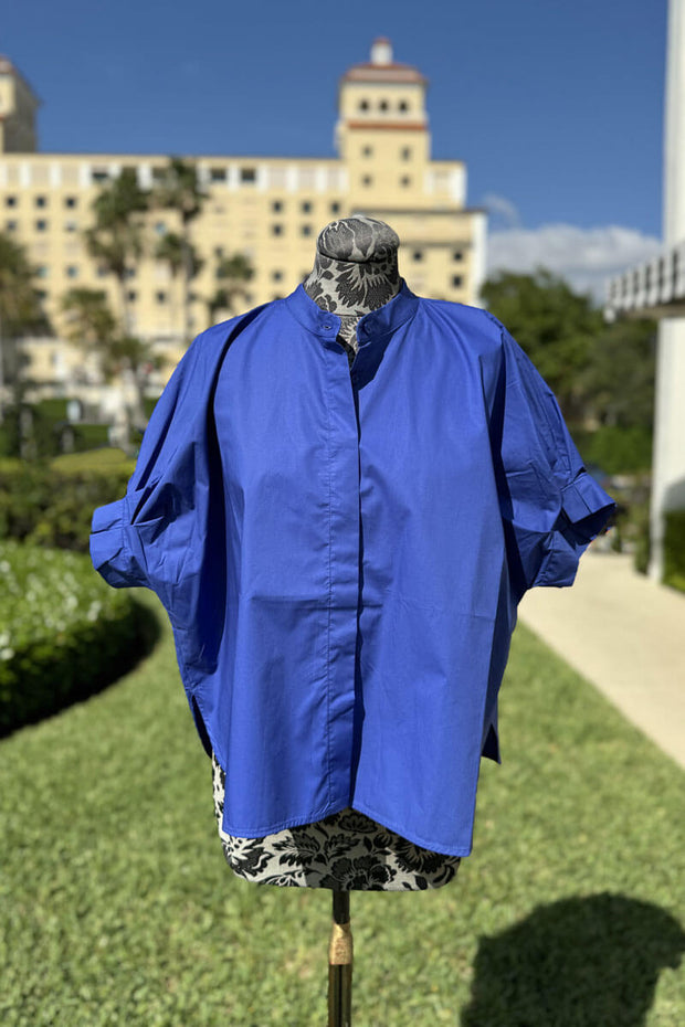 Cotton Button Down Blouse in Royal Blue available at Mildred Hoit in Palm Beach.