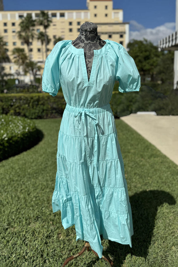 Cotton Belted Maxi Dress in Aqua Blue