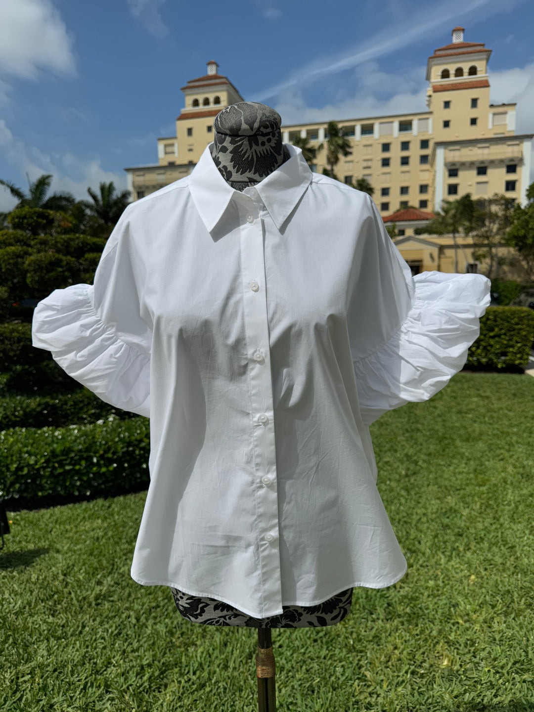 White Button Down Blouse with Puff Sleeve - Mildred Hoit