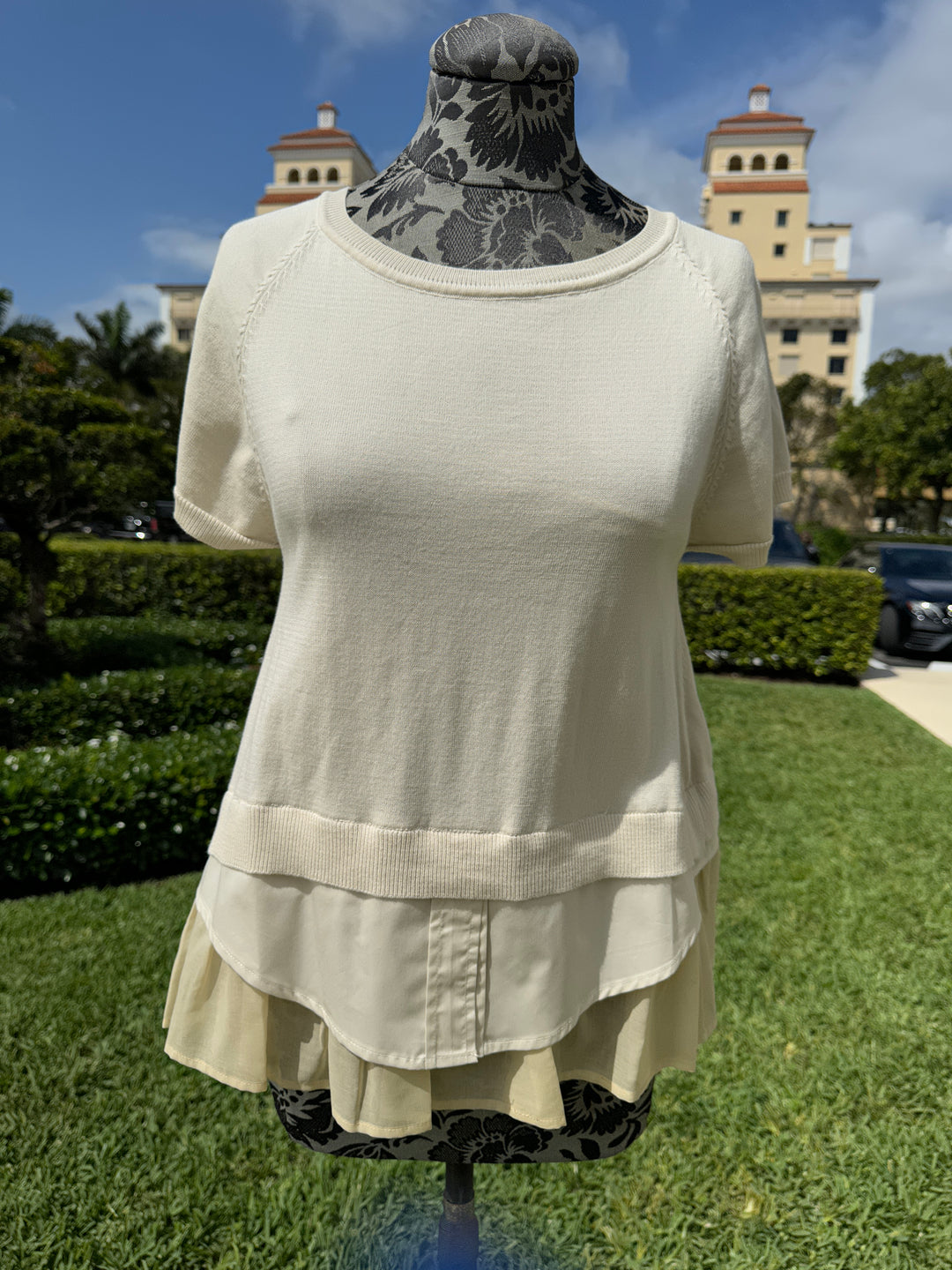 Short Sleeve Layered Tee in Beige - Mildred Hoit