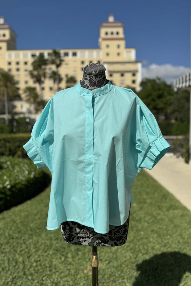 Cotton Button Down Blouse in Aqua available at Mildred Hoit in Palm Beach.
