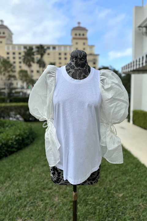 White Crew Neck Top with Puffed Sleeves available at Mildred Hoit in Palm Beach.
