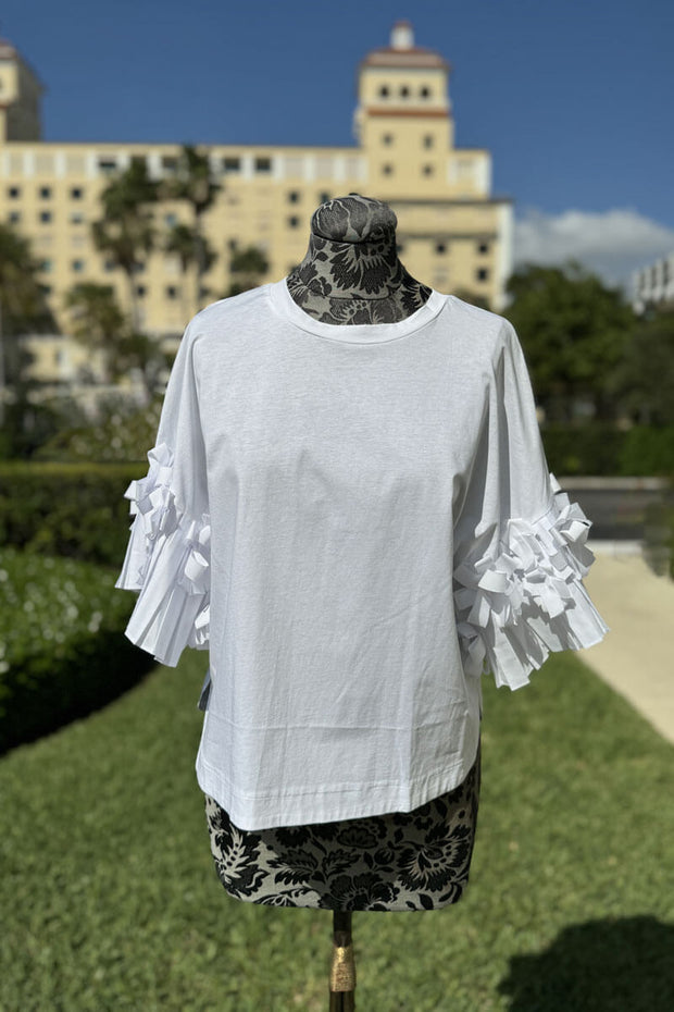 Cotton White Shirt with Flounce Sleeve available at Mildred Hoit in Palm Beach.
