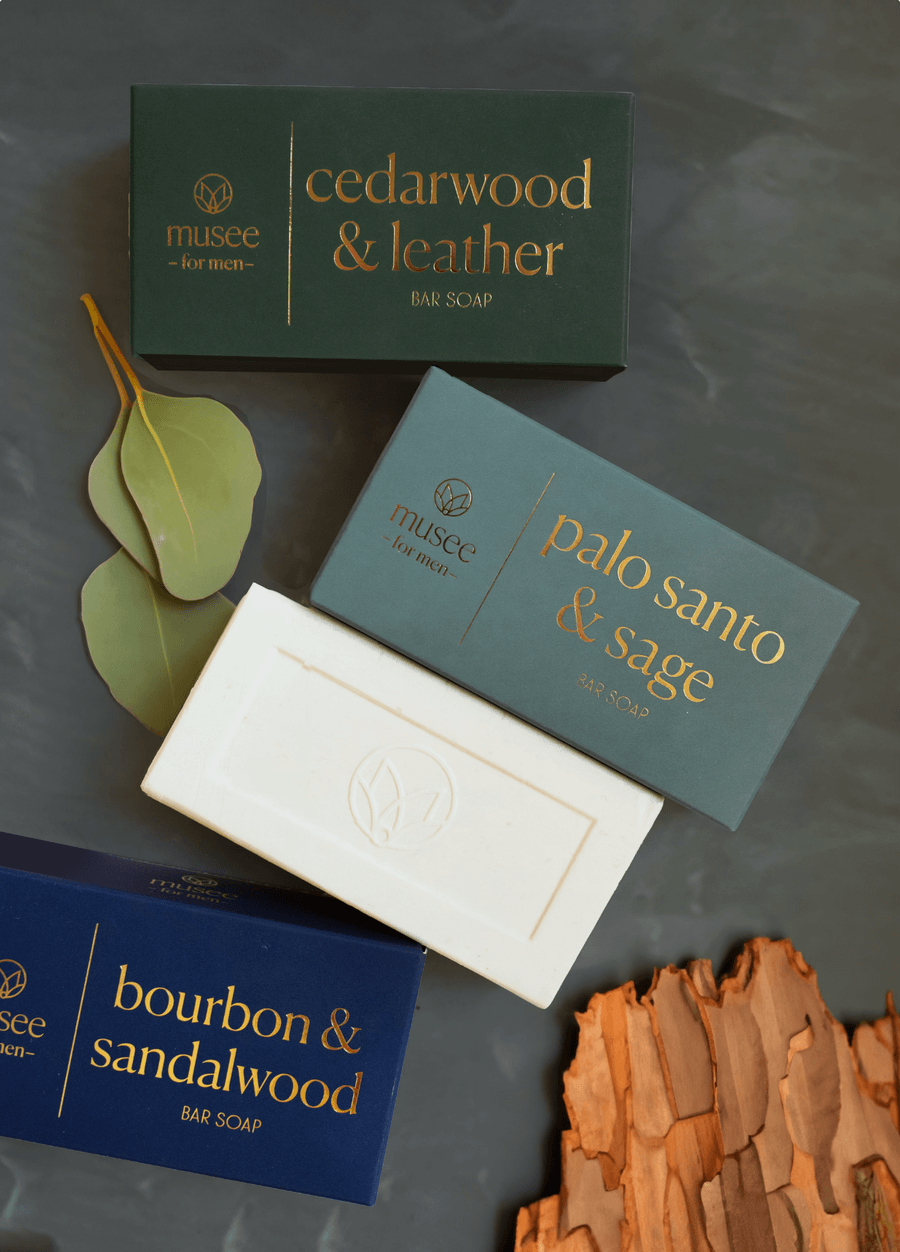 Men's Bar Soap Trio- Cedarwood & Leather, Bourbon & Sandalwood, Palo Santo & Sage