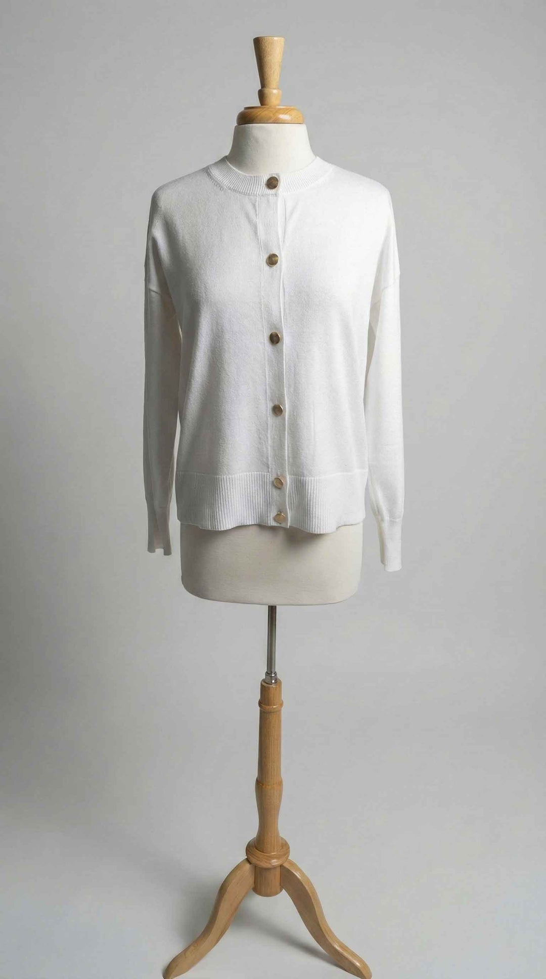 Crew Neck Long Sleeve Cardigan in White - Mildred Hoit