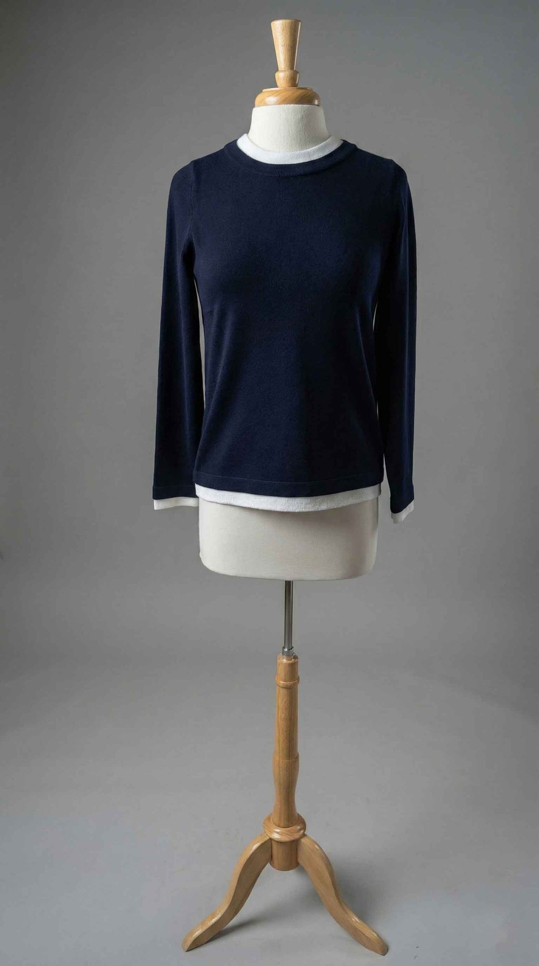 Crew Neck Sweater with Double Trims in Navy Combo - Mildred Hoit