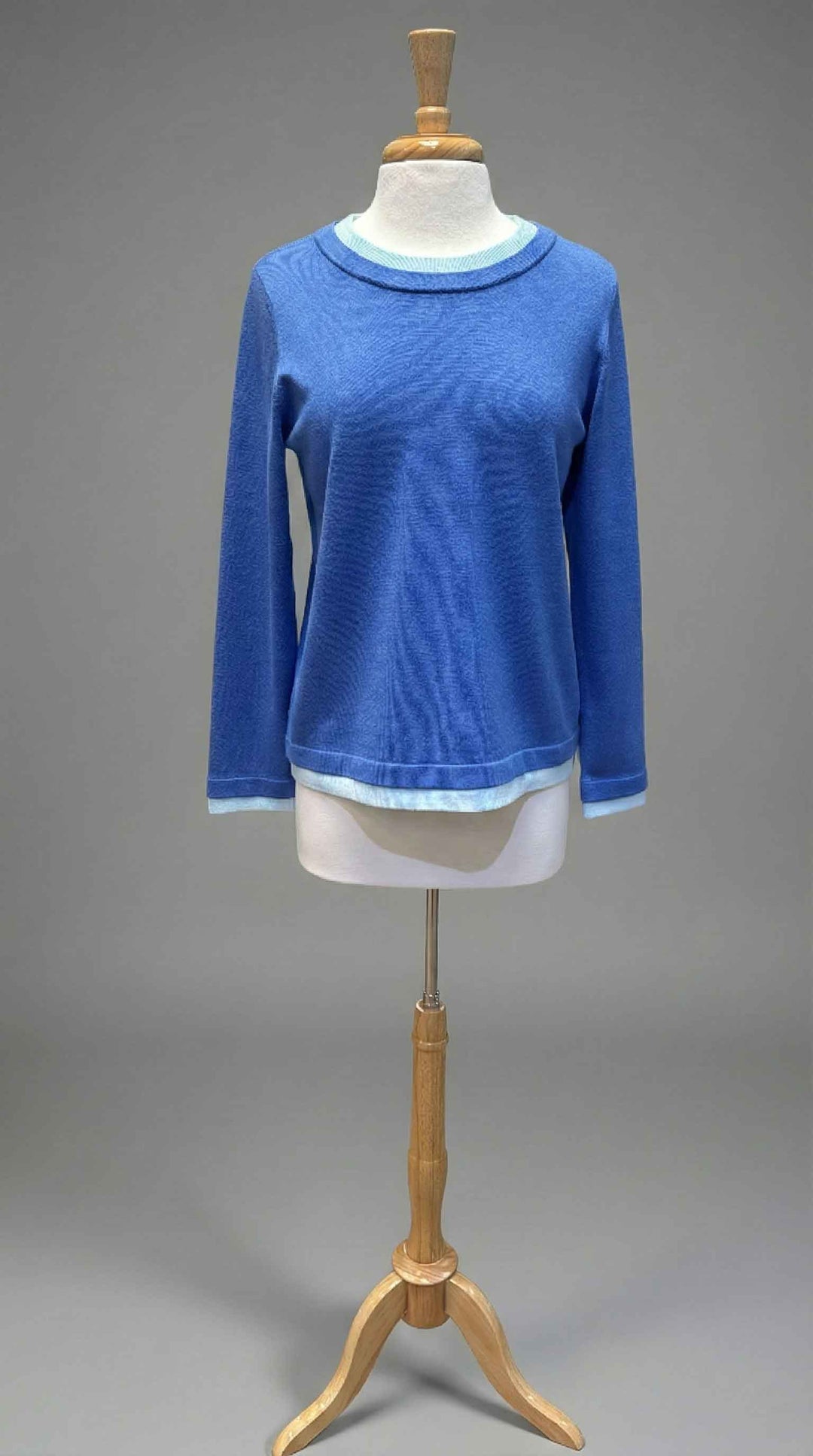 Crew Neck Sweater with Double Trims in Humid Blue Combo - Mildred Hoit