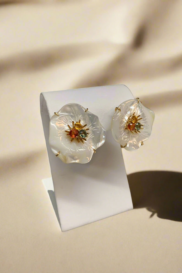 Mildred Hoit Private Jewelry Collection Mother of Pearl Flower Earrings available at Mildred Hoit in Palm Beach.