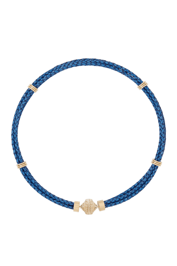 Clara Williams Aspen Leather Braided Necklace in Denim available at Mildred Hoit in Palm Beach.