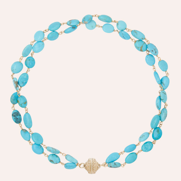 Clara Williams Caspian Kingman Turquoise Double Strand Necklace available at Mildred Hoit in Palm Beach.