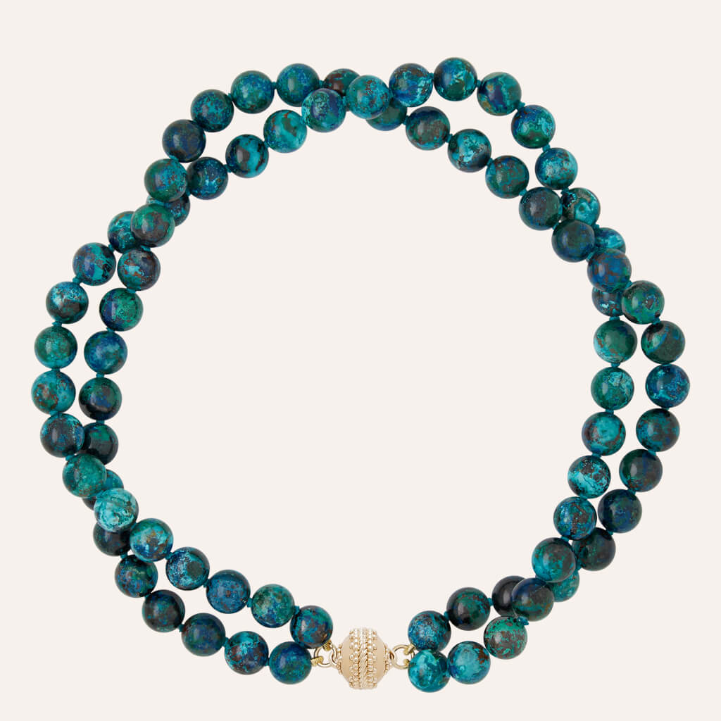 Clara Williams Victoire Green Chrysocolla 10mm Double Strand Necklace available at Mildred Hoit in Palm Beach.