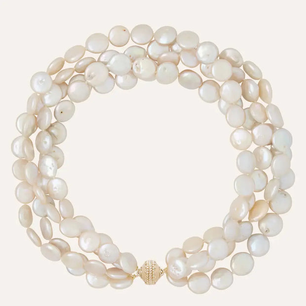 Clara Williams White Freshwater Coin Pearl 13-14mm Multi-Strand Necklace available at Mildred Hoit in Palm Beach.