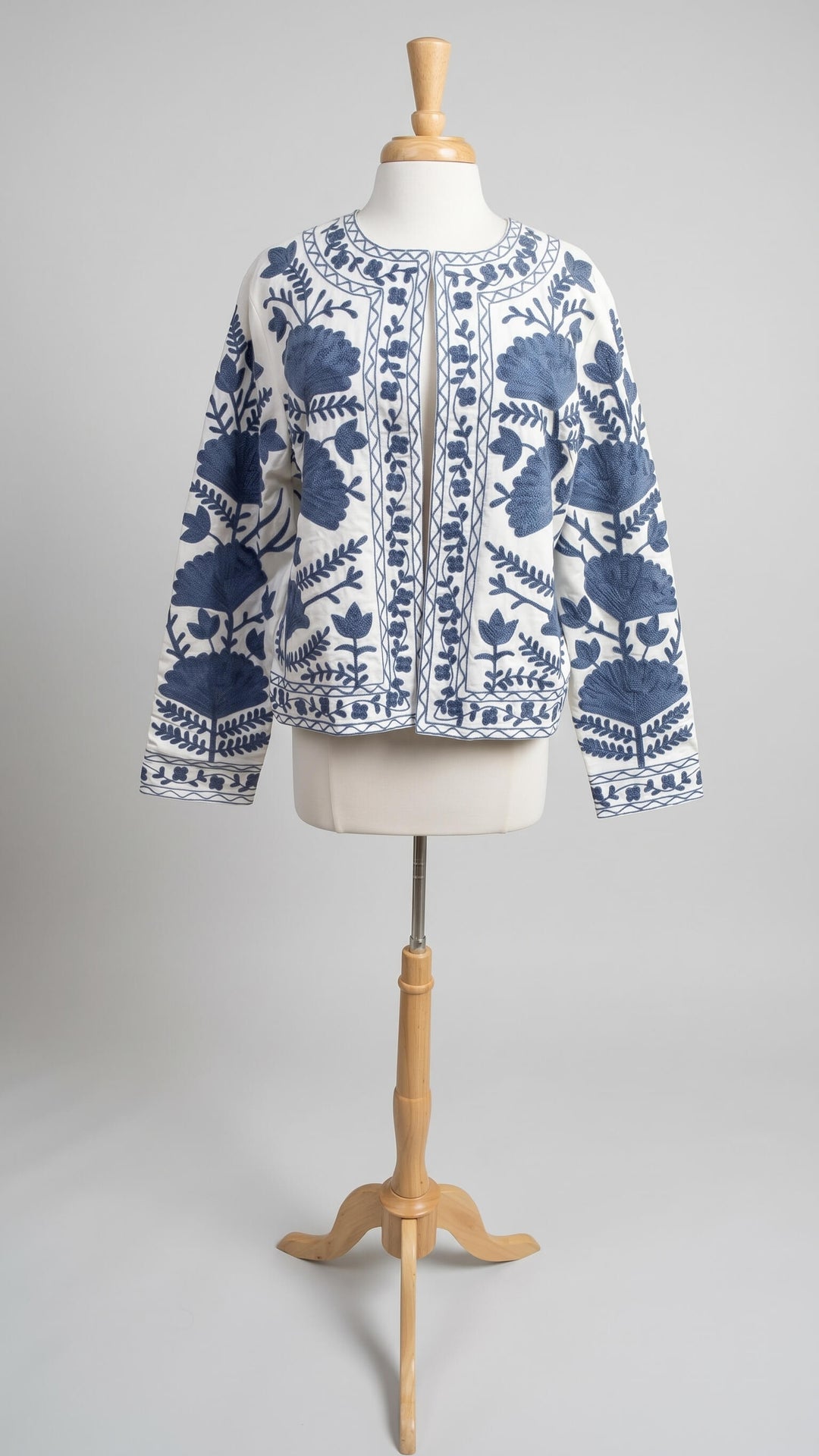 White Open Jacket with Blue Embroidered Flowers