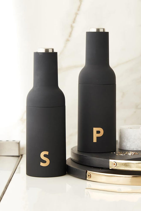 Matte Black Electric Salt and Pepper Set available at Mildred Hoit in Palm Beach.
