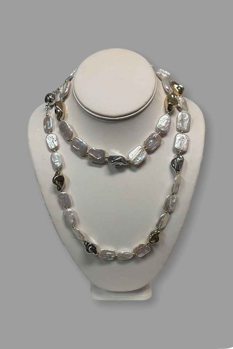 Square Biwa Long Necklace with Gold, Silver & Pearl - Mildred Hoit