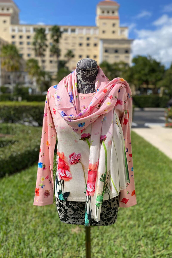 Pashma Pink and Cream Wildflower Sweater and Scarf available at Mildred Hoit in Palm Beach.