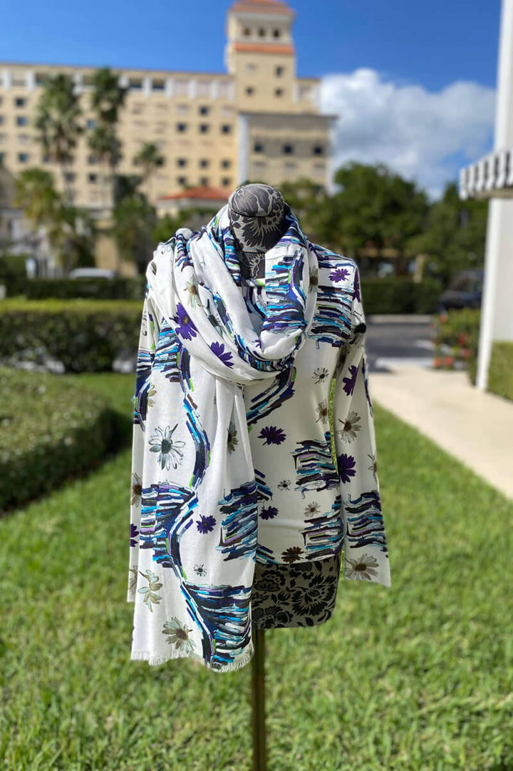 Pashma Blue and White Abstract Sweater and Scarf available at MIldred Hoit in Palm Beach.