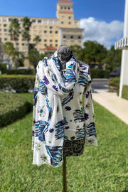 Pashma Blue and White Abstract Sweater and Scarf available at MIldred Hoit in Palm Beach.