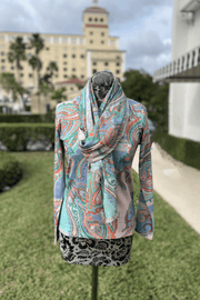 Pink and Turquoise Paisley Sweater and Scarf Set available at Mildred Hoit in Palm Beach.