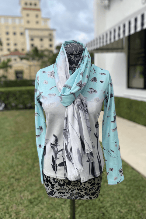 Pashma Sky Blue and White Floral Sweater and Scarf Set available at Mildred Hoit in Palm Beach.
