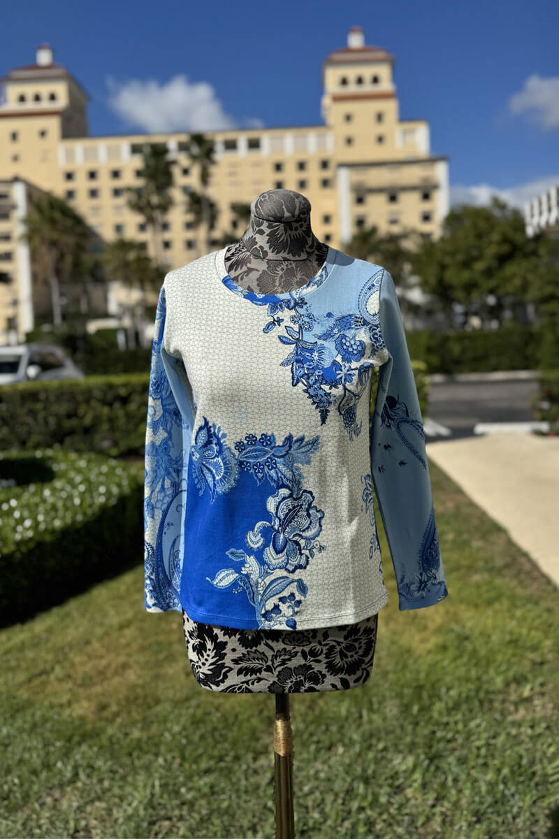 Pashma Blue and White Paisley Sweater and Scarf Set.