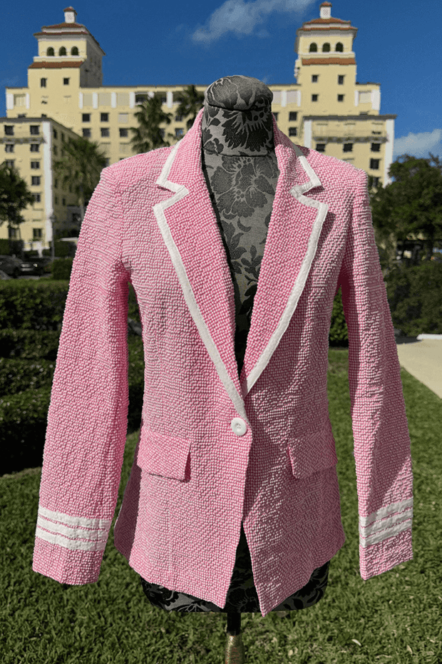 Peace of Cloth Seersucker Jacket in Pink available at Mildred Hoit in Palm Beach.