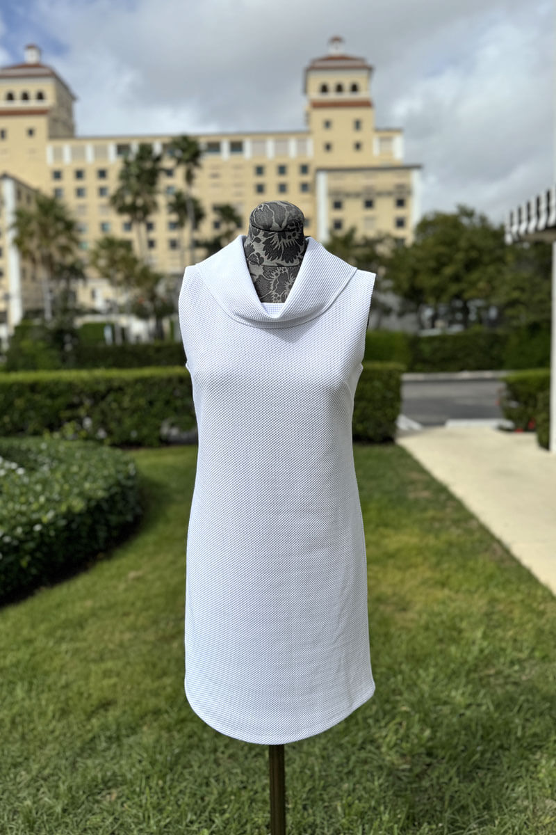 Sleeveless Pique Cowl Neck Dress in White