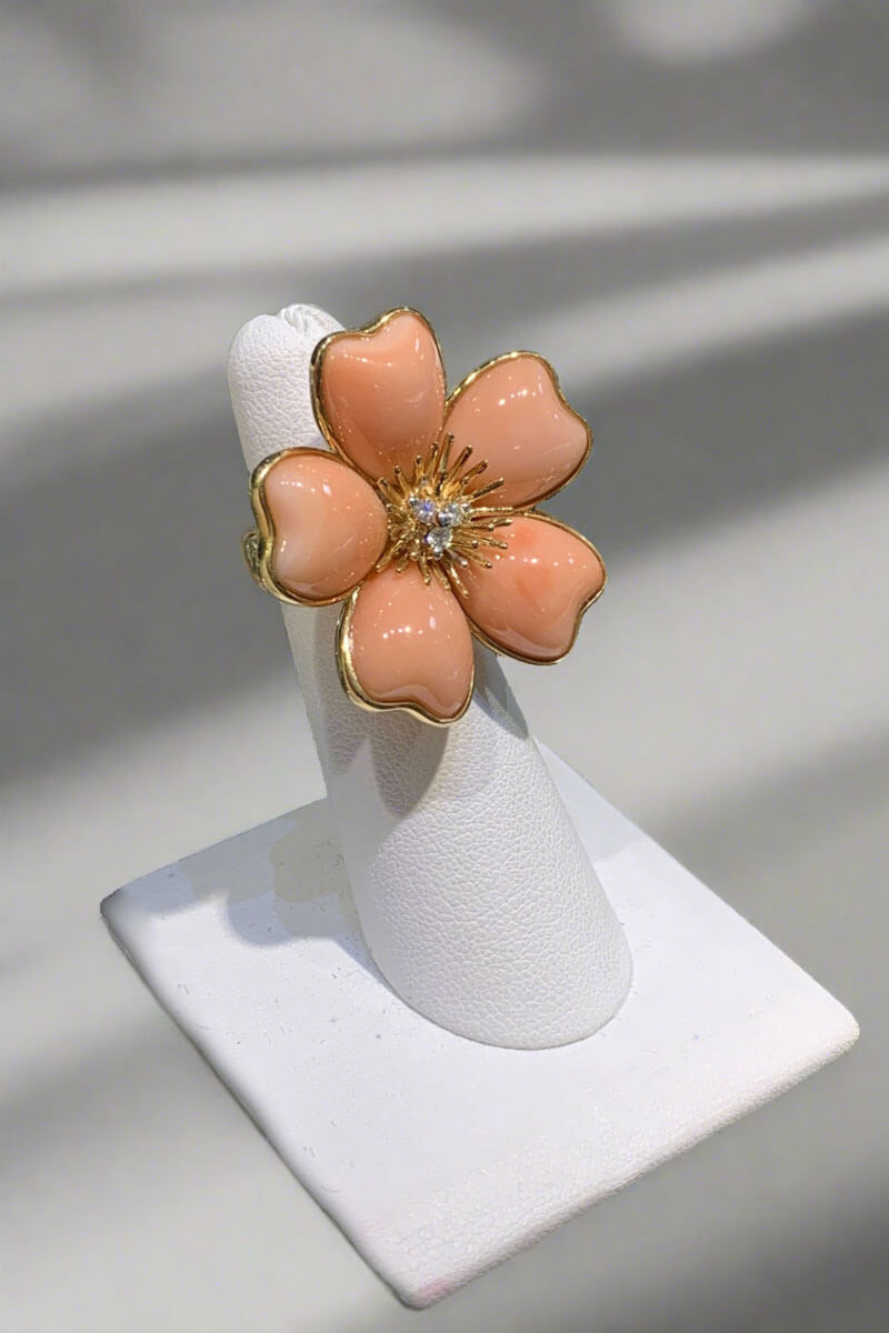 Pink Coral, 18K Gold, Diamond Ring - Mildred Hoit