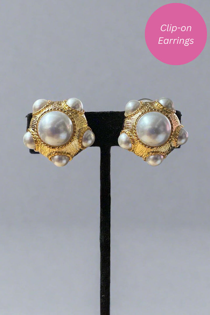 Kenneth Jay Lane Pearl and Gold Cabochon Earrings