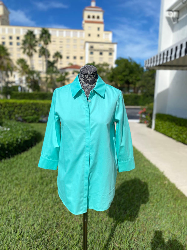 Button Down Blouse in Aqua available at Mildred Hoit in Palm Beach.