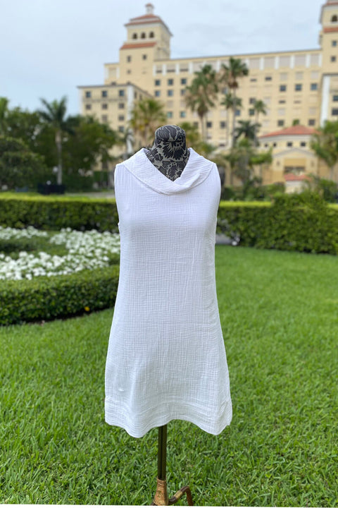 Pure Amici White Cotton Cowl Neck Dress available at Mildred Hoit in Palm Beach.