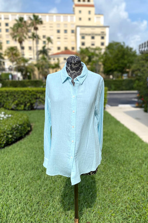 Pure Amici Sky Cotton Button Down Blouse available at Mildred Hoit in Palm Beach.