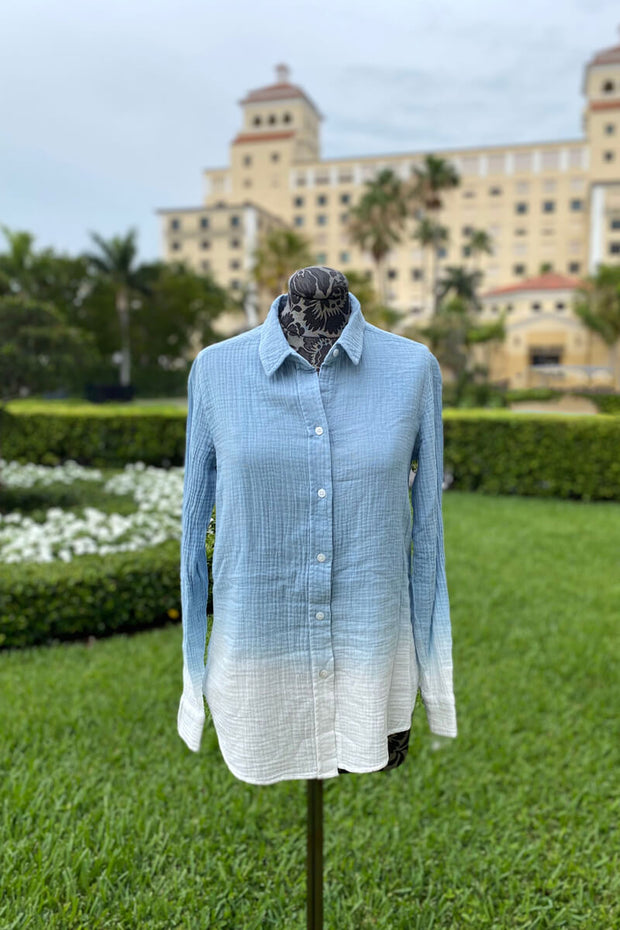Pure Amici Light Blue Ombre Cotton Button Down Blouse available at Mildred Hoit in Palm Beach.