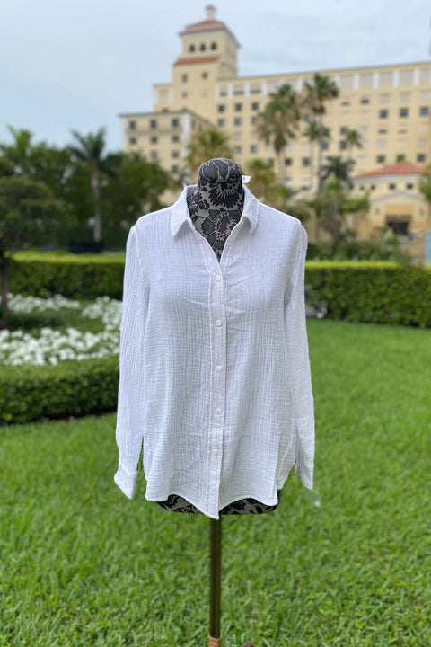 Pure Amici White Cotton Button Down Blouse available at Mildred Hoit in Palm Beach.