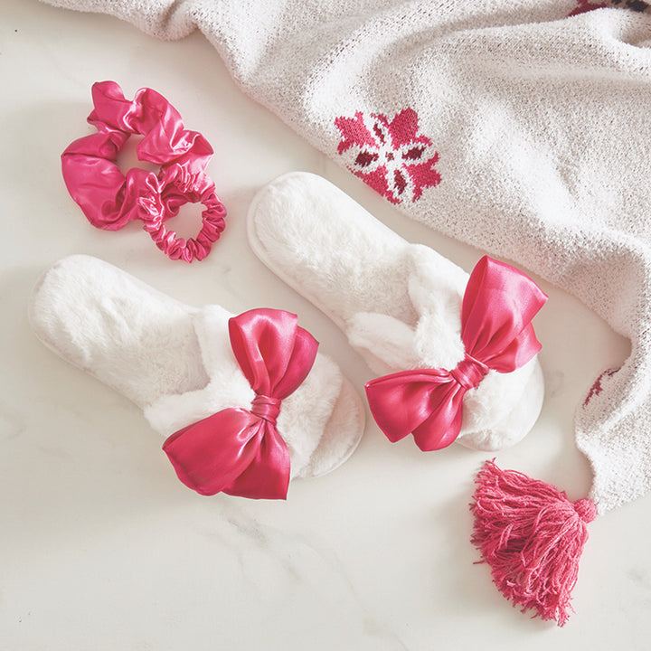 Pink Bows Spa Wrap & Ivory Large Slippers with Hot Pink Bow Set