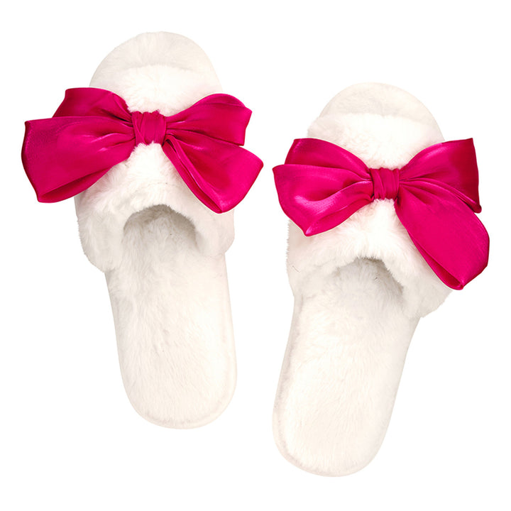 Pink Bows Spa Wrap & Ivory Large Slippers with Hot Pink Bow Set