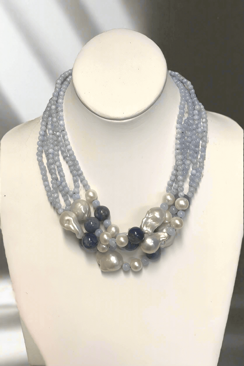 Multi-Strand Blue Agate and Pearl Necklace - Mildred Hoit