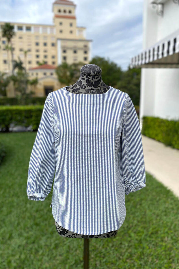 Seersucker Top in Chambray available at Mildred Hoit in Palm Beach.