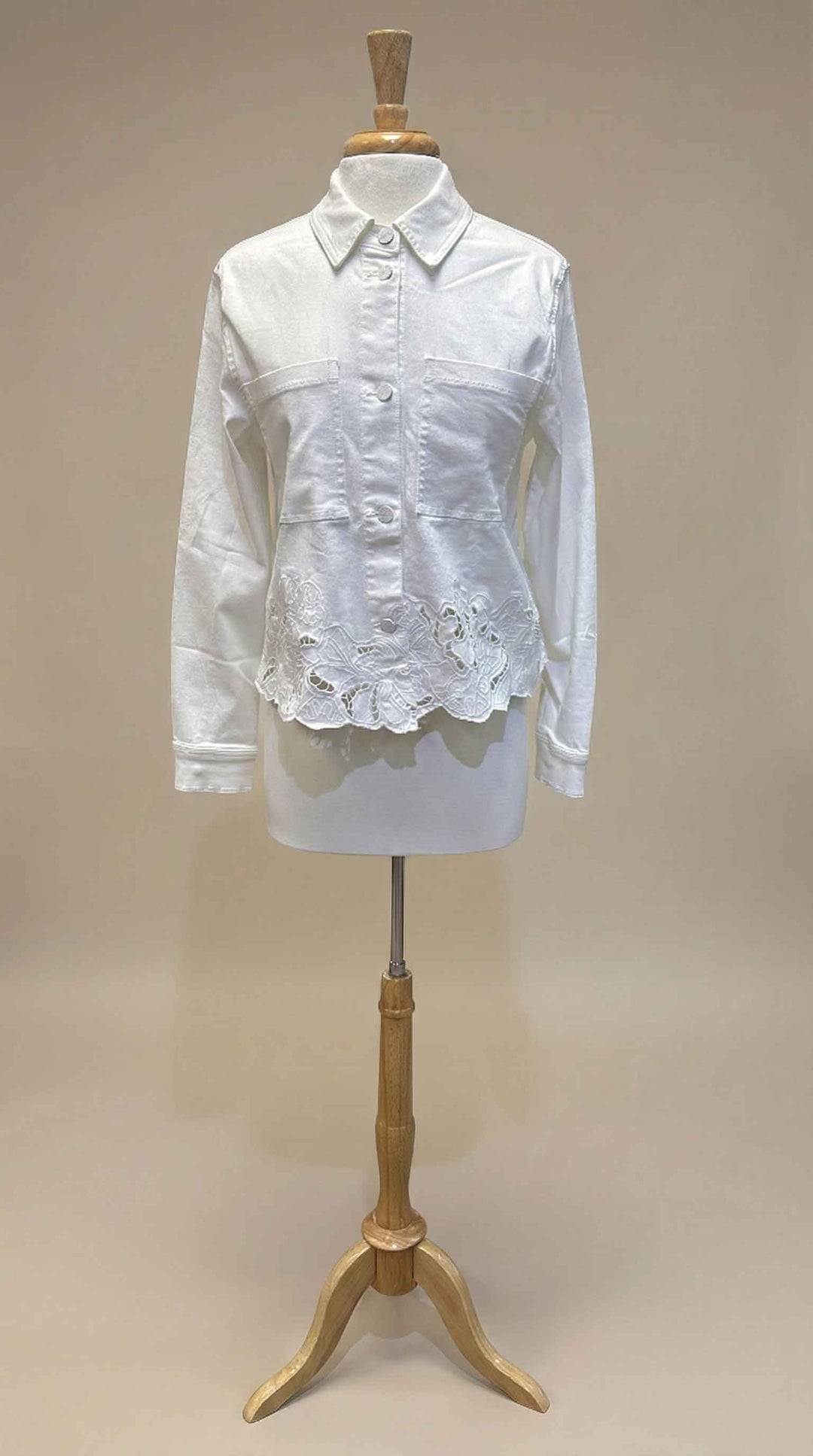 Woven Jacket with Eyelet & Embroidery in Creme - Mildred Hoit