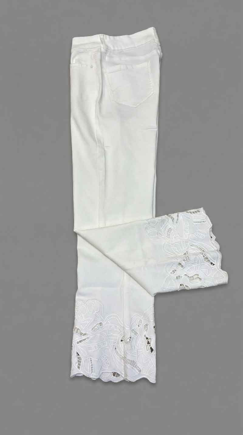 Woven Ankle Pant with Eyelet & Embroidery in Creme - Mildred Hoit