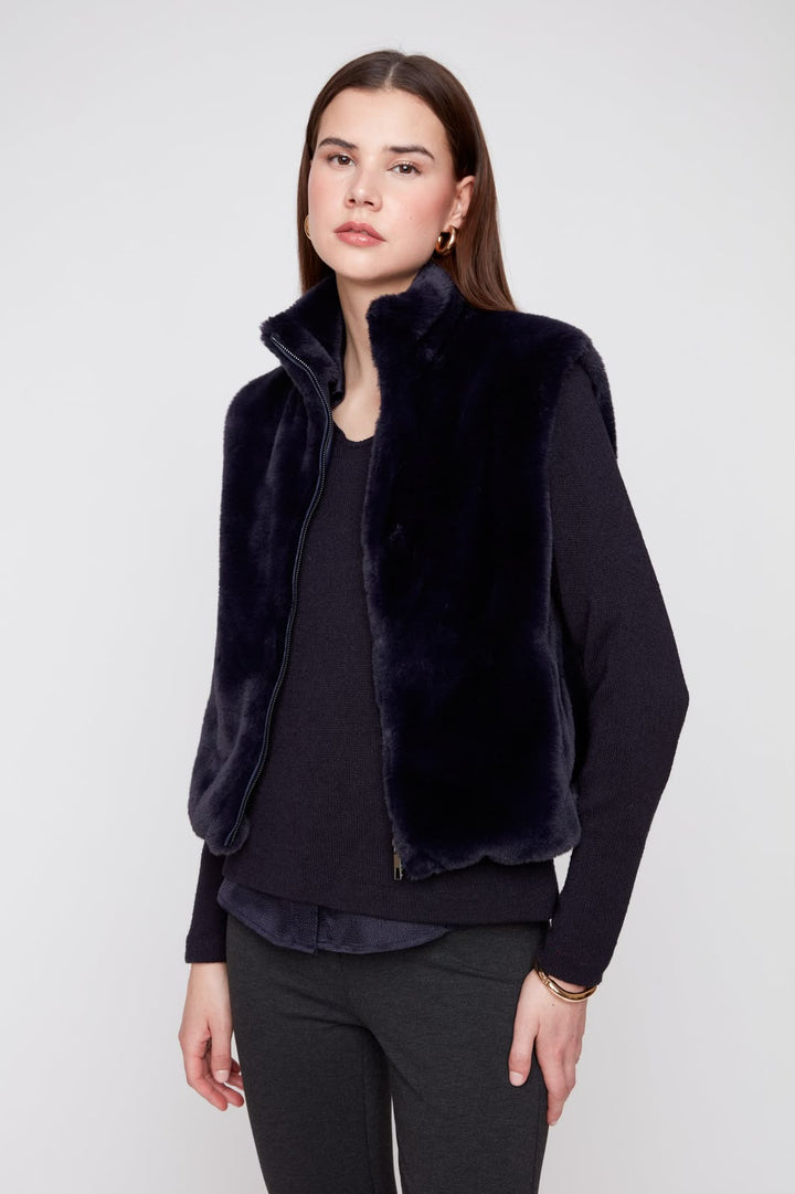 Solid Faux Fur Short Vest in New Midnight